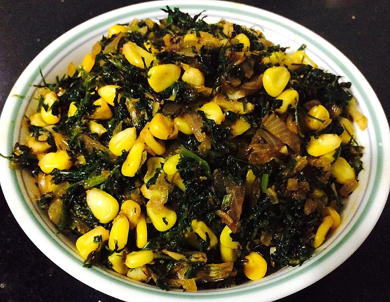 Fenugreek leaves and sweet corn sauté/ Methi and Makai ki sabzi