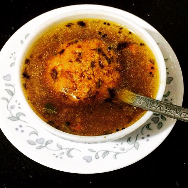 Rasam Vadai (Lentil fritters in pepper rasam)